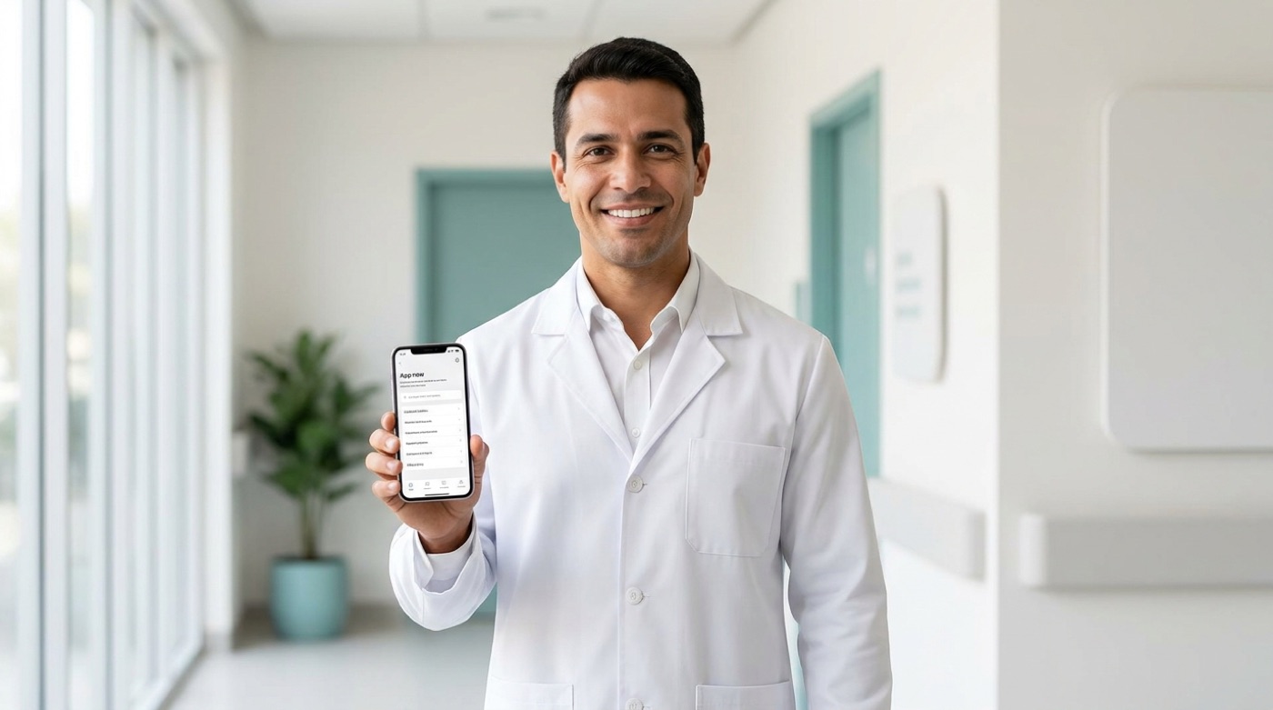 Médico sorrindo segurando o celular em uma clínica