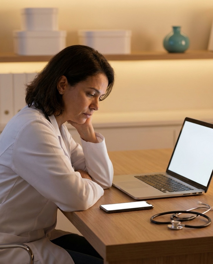Médica cansada diante do celular e do notebook com a tela em branco